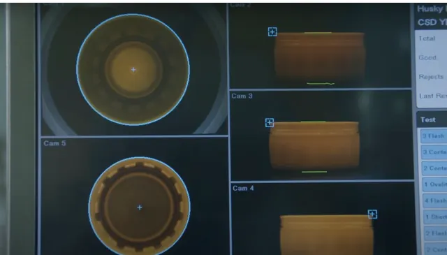 In-line camera inspection on a Husky line: each cap is imaged from above, the side and below, and checked for ovality, flash and sealing-surface defects.