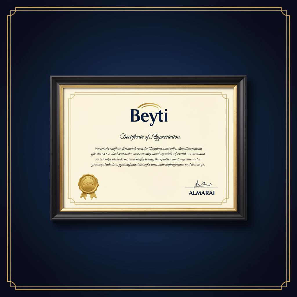 Certificate of Appreciation from Beyti, an Almarai subsidiary, presented to Delta El Nile for Industry in March 2026